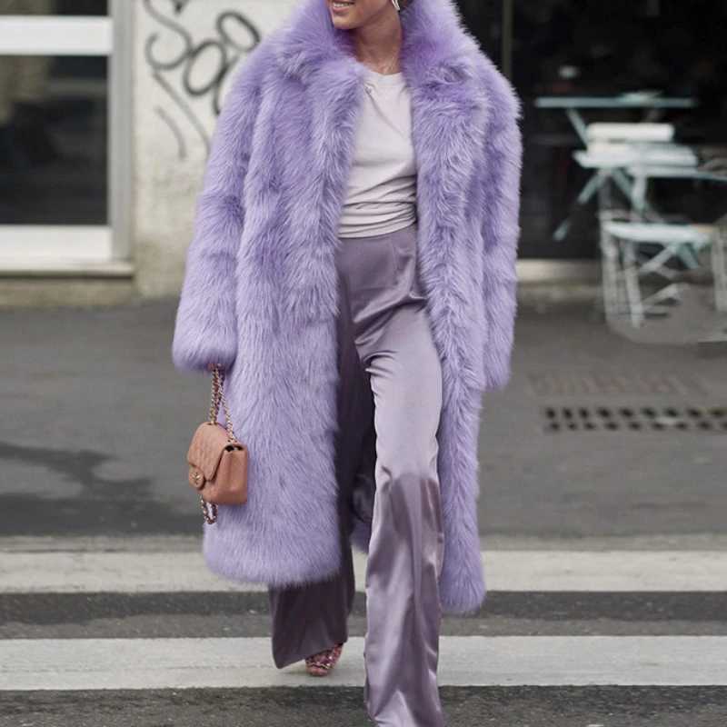 Women Thick Faux Fur Jacket Work Y2k Autumn Winter Maxi Coat Long Warm Luxury Belt Fur Purple Parkas Bontjas Furry OuterwearT251201