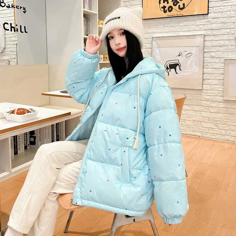 2025 Sweet Colorful Dot Winter Jacket Woman Korean Drawstring Hooded Parkas Women Thicken Warm Puffy Down Cotton Coat MujerT251201
