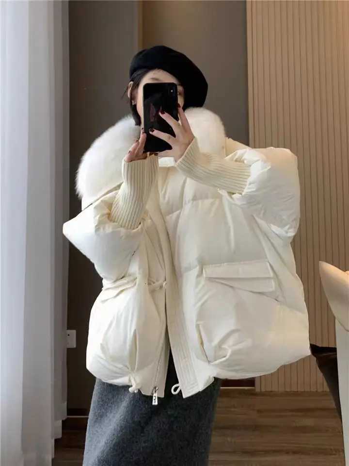 Winter New Fur Collar Puffer Down Parka Loose Down Warmer Thicken Snow Jacket Pocket Zipper Faux Fur Outerwear FemaleT251201