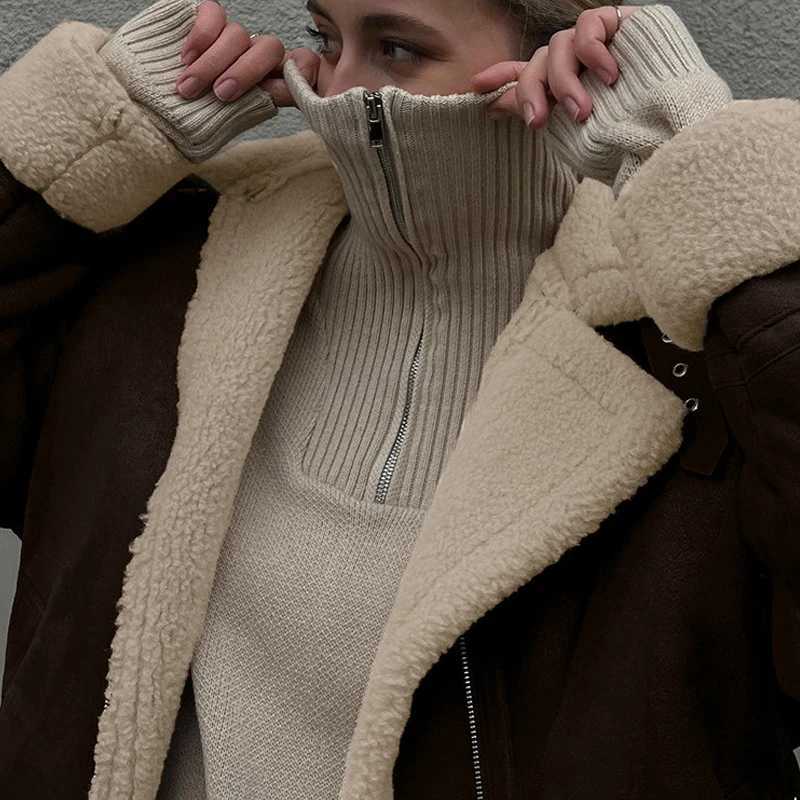 Warm Thicken Women Faux Lambswool Loose Jacket Traf 2024 Winter Long Sleeve Faux Suede Coat Female Casual Top Y2K ClothesT251201