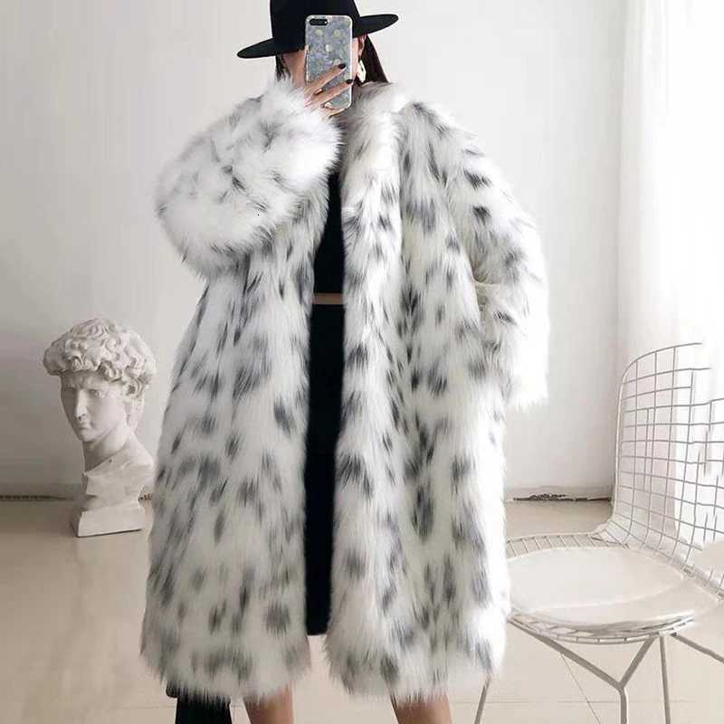 Winter Warm Womens Faux Fur Jacket Korean Long Loose Spotted Fox Fur Coat Outwear Female Parker CoatsT251201