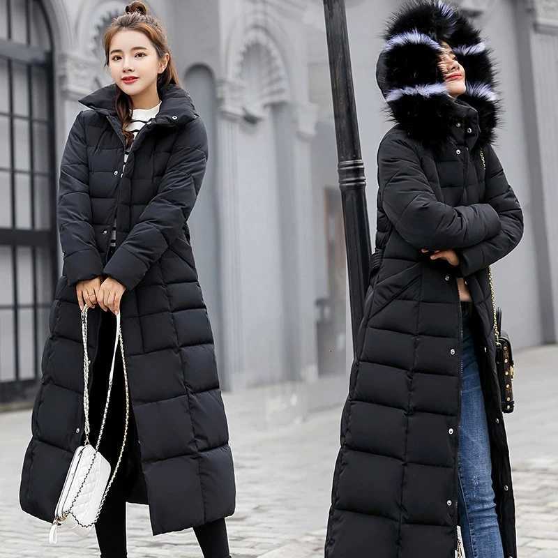 Women Winter Long Cotton Coat 2025 New Women Big Fur Collar Parkas Korean Loose Belt Slim Jacket Down Cotton Coat Women OutwearT251201