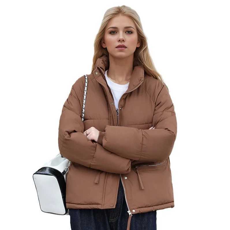 Womens Winter Puffer Coat Stand Collar Zipper Fly Pockets Loose Fit Quilted Coat For Female Thickened Ladys Thermal CoatT251201