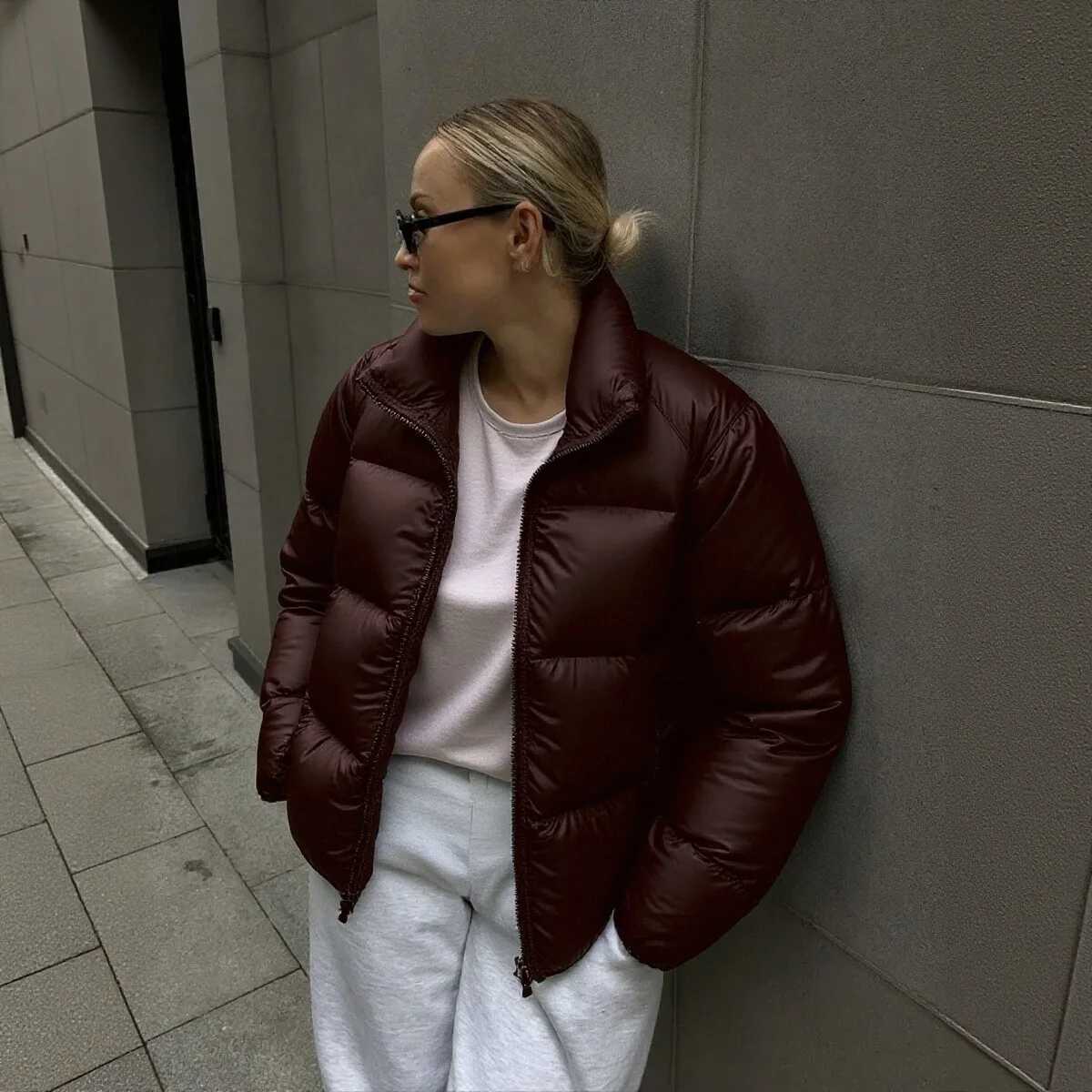 Womens Puffer Cropped Jacket Stand Collar Quilted Fabric Christmas Casual Daily Outfit Winter High Street Fit Warm OuterwearT251201