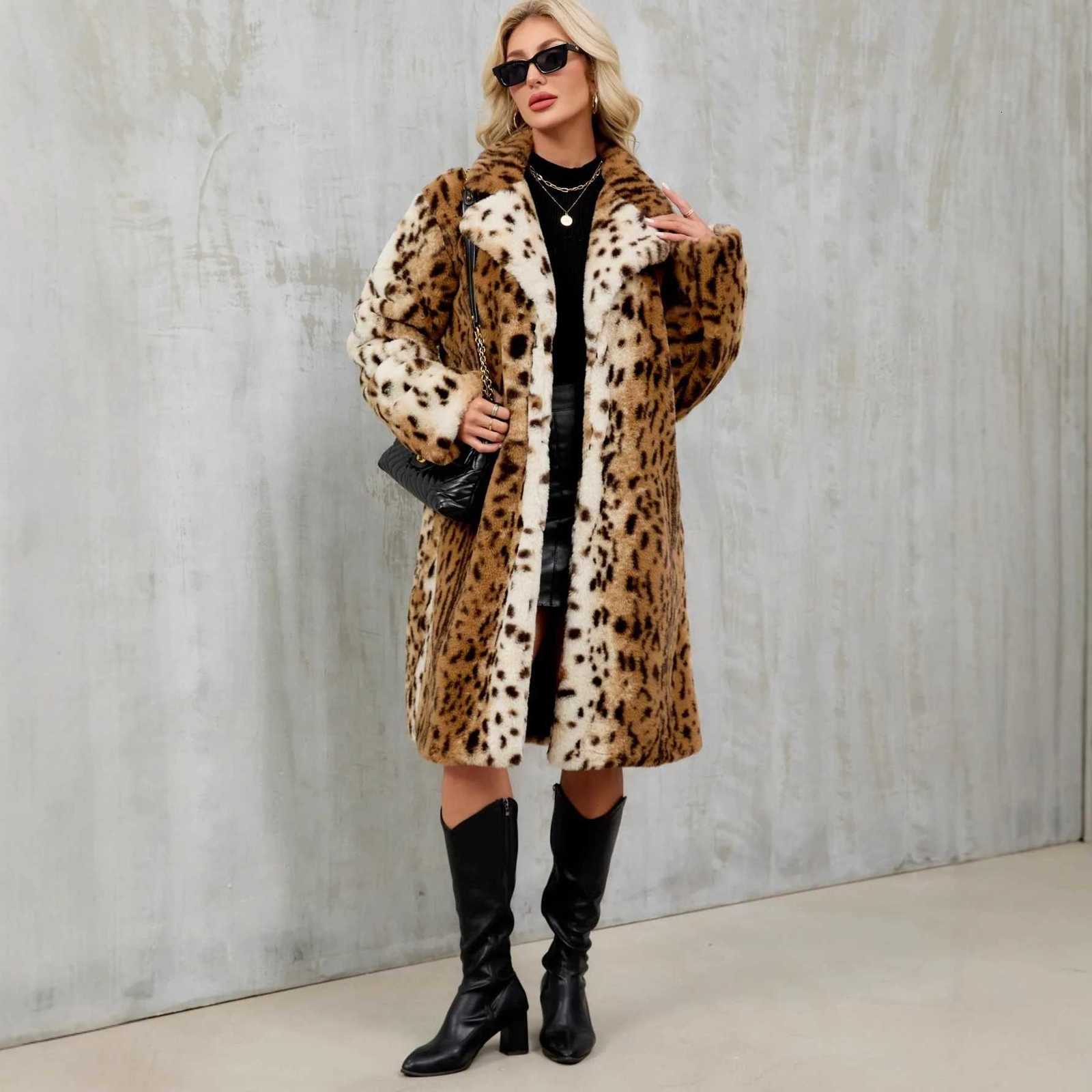 Faux Fur Women Coats Leopard Long Jackets Turn Down Collar Full Sleeves Single Breasted Straight Fit Casual Autumn Winter 2025T251201