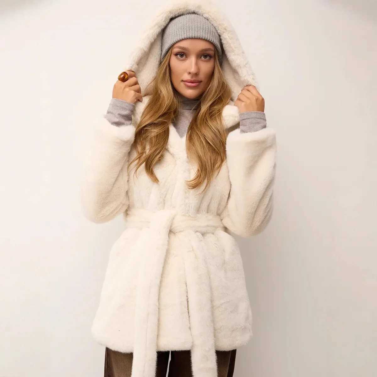 KIDCRKJ Winter Women Mink Fur Jackrt Luxury Lapel Belted White Lady Faux Fur Coat Fashion Loose Chic Female Fluffy Fur JacketT251201