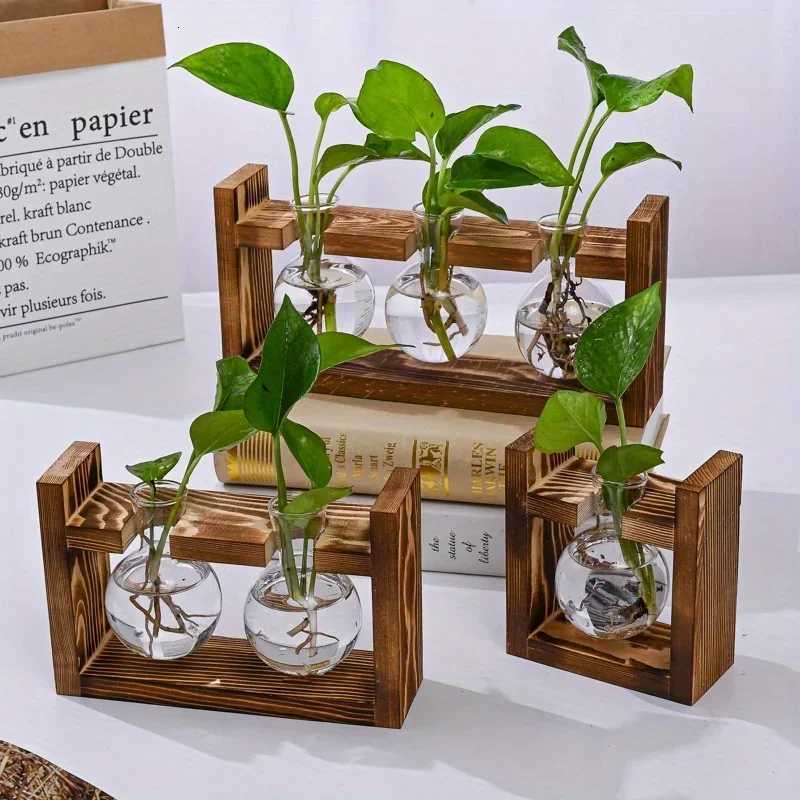Tabletop Planter Propagation Station Hydroponic Plant Vase with Wooden Tray Flower Container for He Off Decoration Y251201