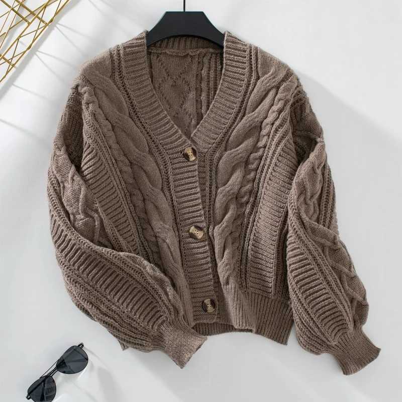 New Simple Elegant Office Coat V Neck Twist Cardigan Short Sweater Loose Women Korean Style Retro Jackets Autumn Winter Clothing M260306