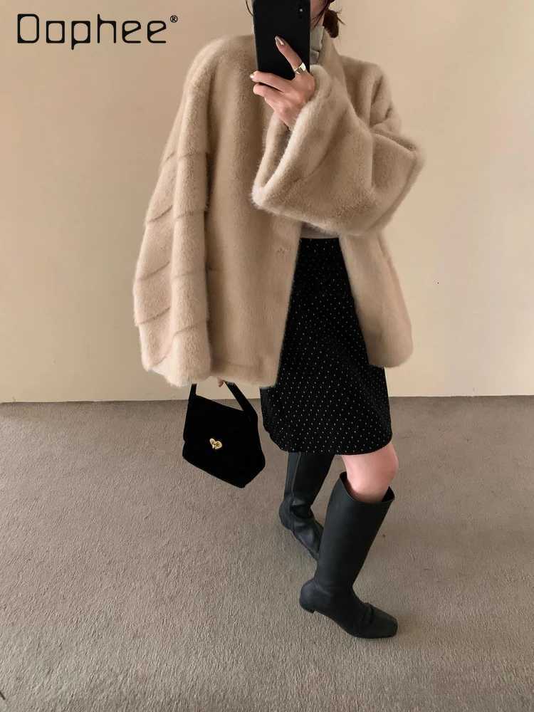 Elegant Stand Collar Eco-Friendly Fur Plush Coat Winter Korean Ins Trend Imitation Mink Fur Sheepskin Thickened Mid-Length CoatT251201