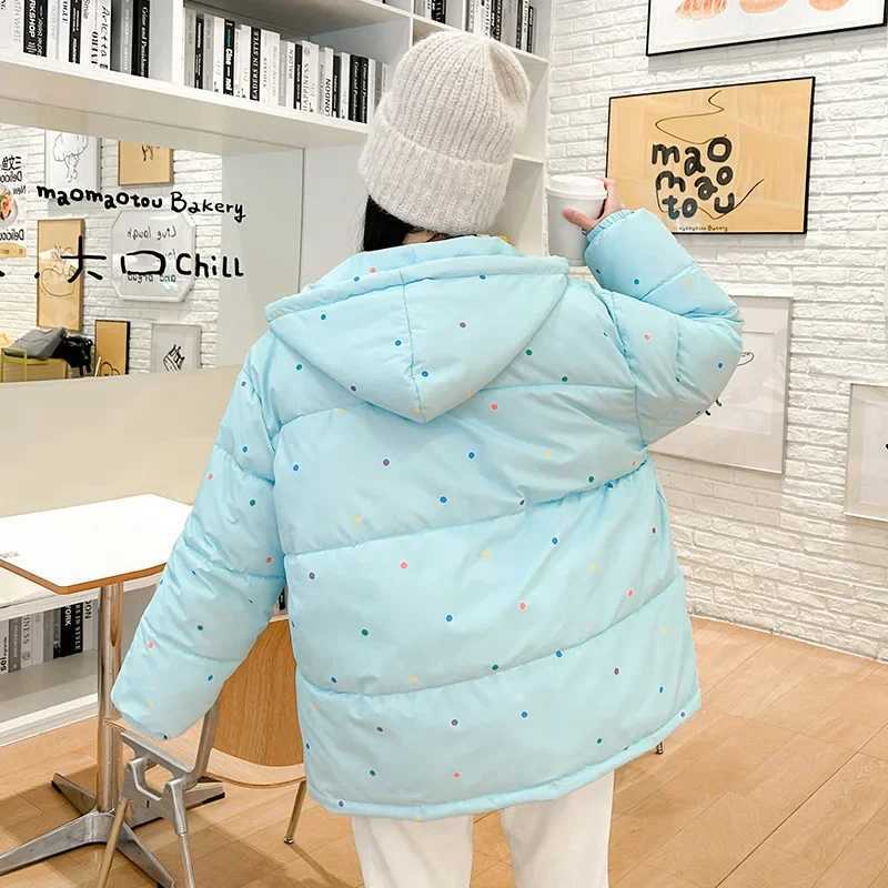 2025 Sweet Colorful Dot Winter Jacket Woman Korean Drawstring Hooded Parkas Women Thicken Warm Puffy Down Cotton Coat MujerT251201