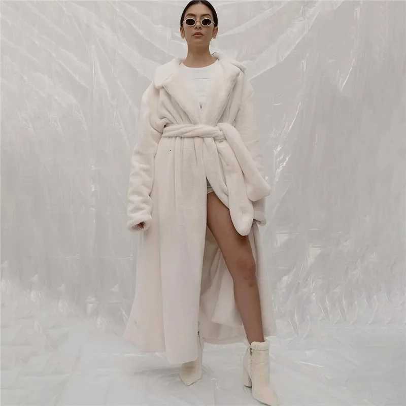 Long Faux Fur Coat Women Long White Fluffy Warm Maxi Coat Hood Lapel Sashes Loose High Waist Jackets 2025 Outerwear JacketT251201