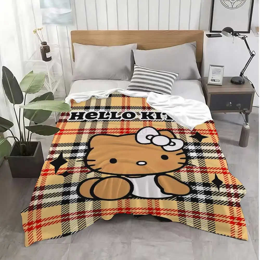 Sanrio Cute Throw Blanket for Sofa Luxury Blankets Kawaii Cat Hellos Checkered Pattern Home Interior Fluffy Plaid Microfiber Bedding H251201