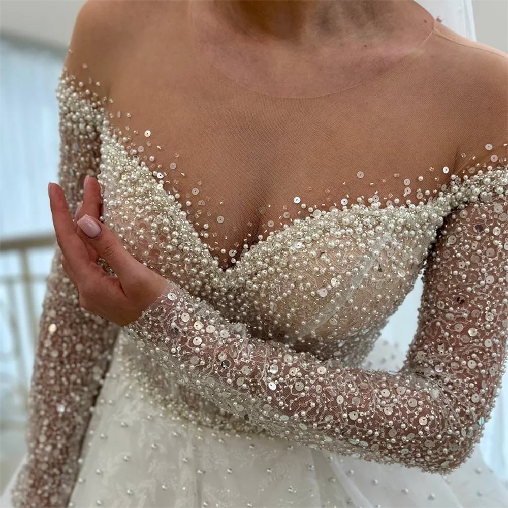 Fashion O Neck Wedding Dresses Pearls Sequins Bridal Gowns A Line Long Sleeves Appliques Princess Sweep Train Customized Vestidos De Novia Plus Size