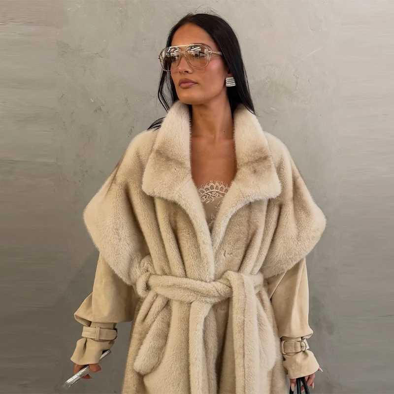 Thicken Womens Winter Coat Luxury Faux Fur Long Jacket with Belt Lapel Short Sleeve Loose Outwear 2025 New Warm Lady CoatsT251201