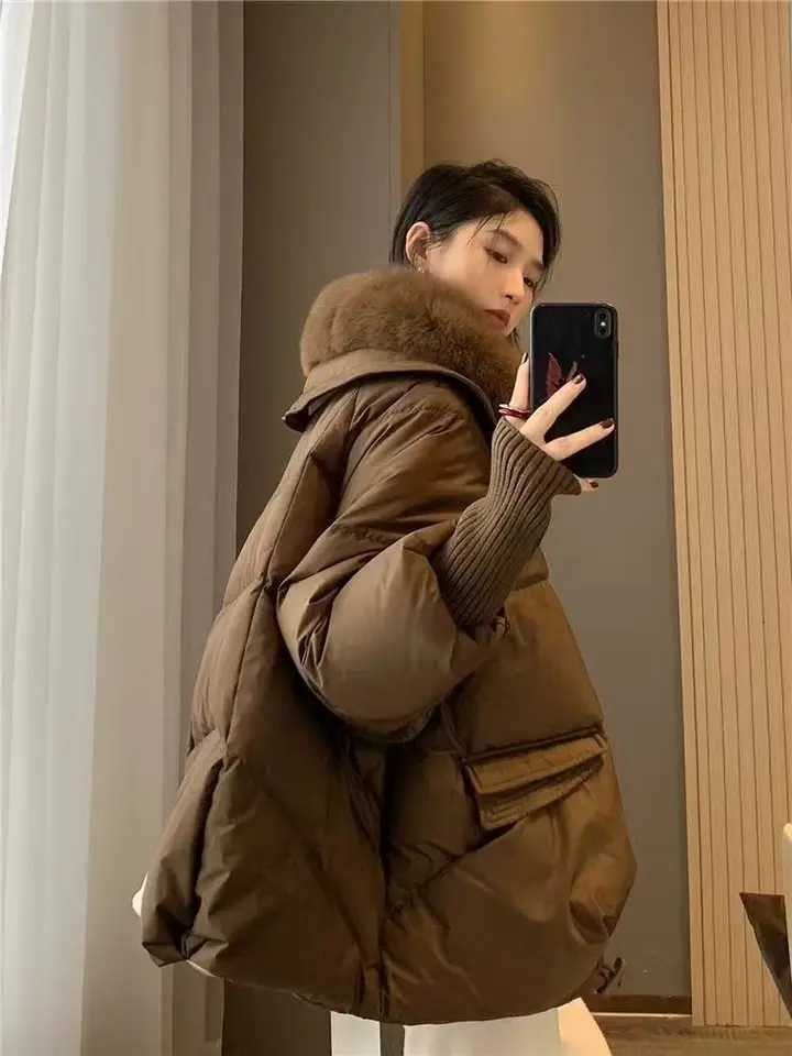 Winter New Fur Collar Puffer Down Parka Loose Down Warmer Thicken Snow Jacket Pocket Zipper Faux Fur Outerwear FemaleT251201