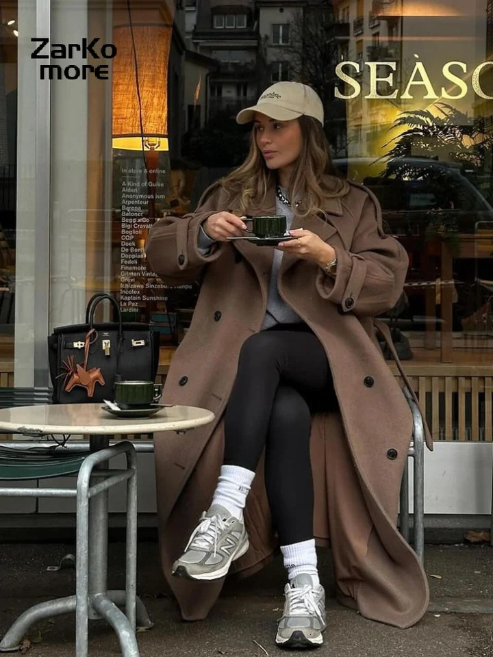 Elegant Grey Belt Long Faux Wollen Coat Women Lapel Double Breasted Street Coats Female 2025 Autumn Winter Lady Peacoat 251129