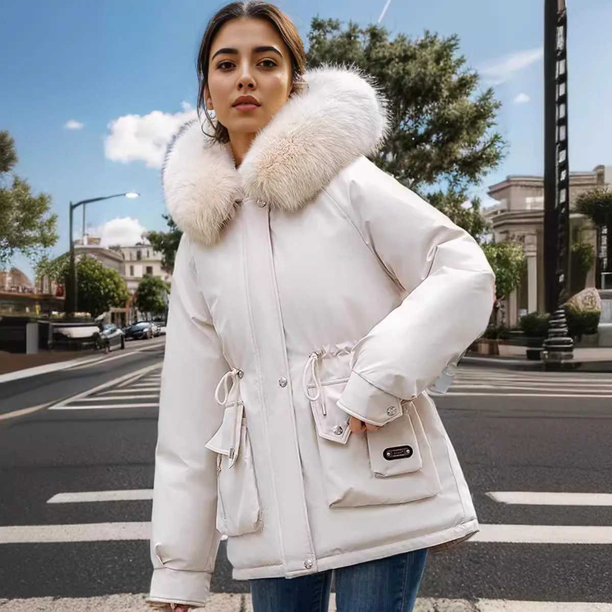 Winter 2025 Womens Padded Jacket Female Fur Collar Warm Parkas Coats Womems Hooded Drawstring Waist Cinching Cotton JacketT251201