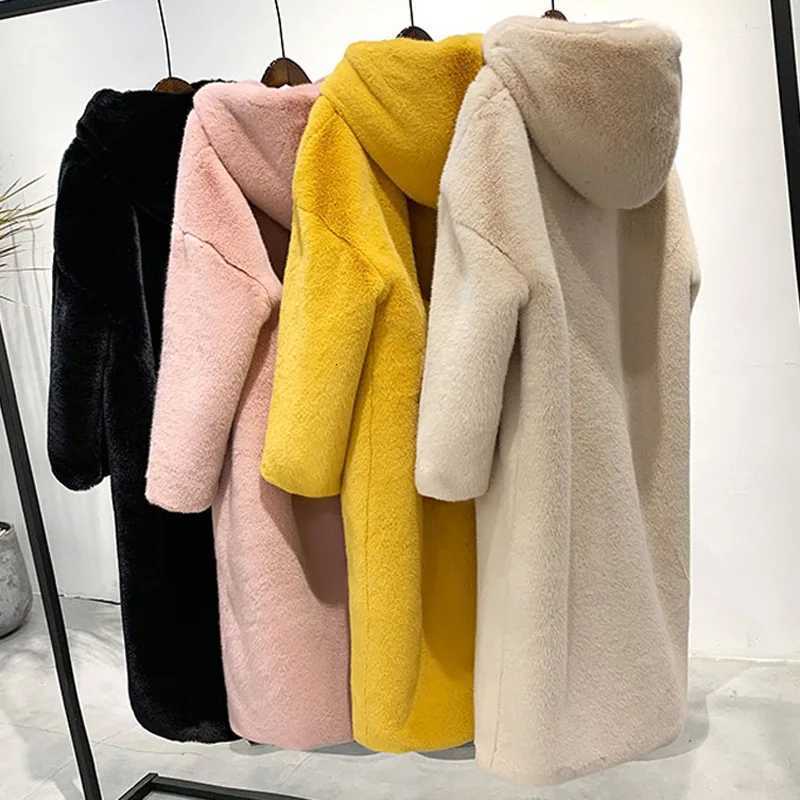 Faux Mink Fur Coats Women Long Solid Fur Jackets Pocket Hooded Long Sleeves Coverd Button Thick Loose Casual 2025 Autumn WinterT251201
