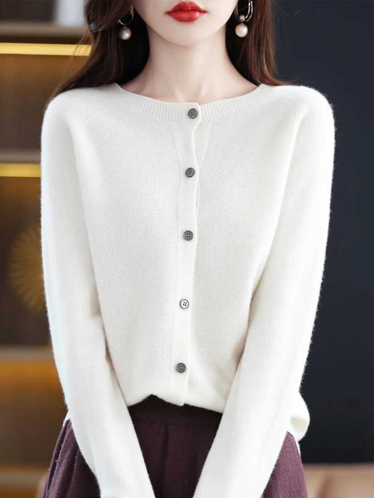 2024 New Chic Womens Basic O-neck Cardigan 100 Merino Wool Sweater Soft Grace Knitwear CoatSpring Autumn Female Clothes Tops M260306
