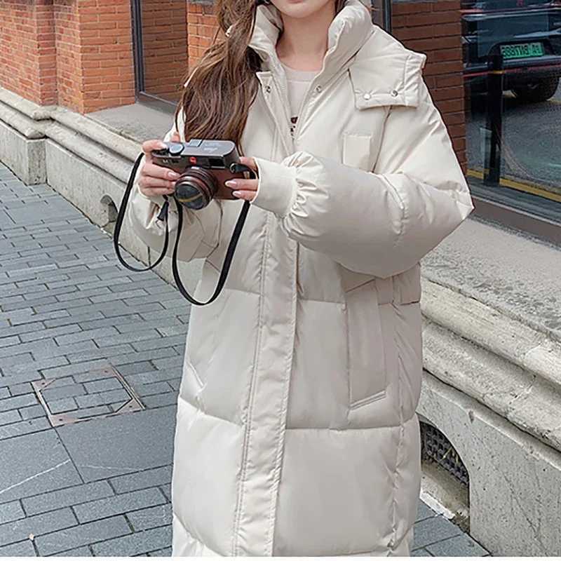 ITOOLIN Women Autumn Winter Button Pocket Casual Down Coat Thicken Cotton Warm Hooded Long Coat Long Sleeve Parkas Office CoatT251201