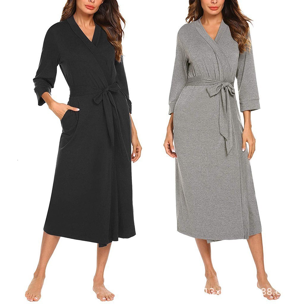 2025 Elegant V-neck Tie Three-quarter Sleeve Solid Color Long Home Sleep Robe 240823