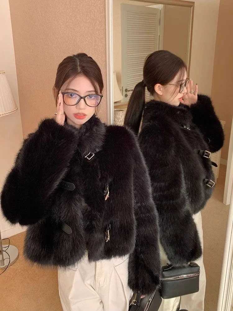 Korean Fashion Black Elegant Belt Button Fall Autumn Winter Warm Furry Coat Imitation Mink Velvet High Street OutwearT251201