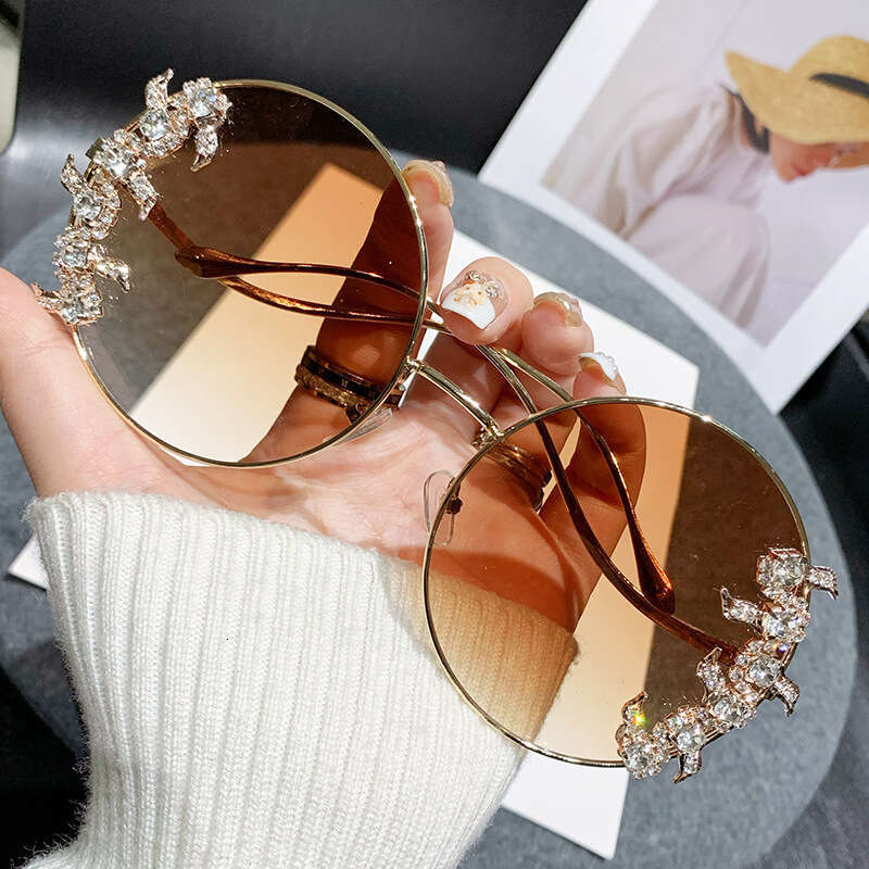 New anti blue light frameless cut edge inlaid diamond sunglasses, fashionable round rhinestone sunglasses with wave design, leg sunglasses, sunshade g