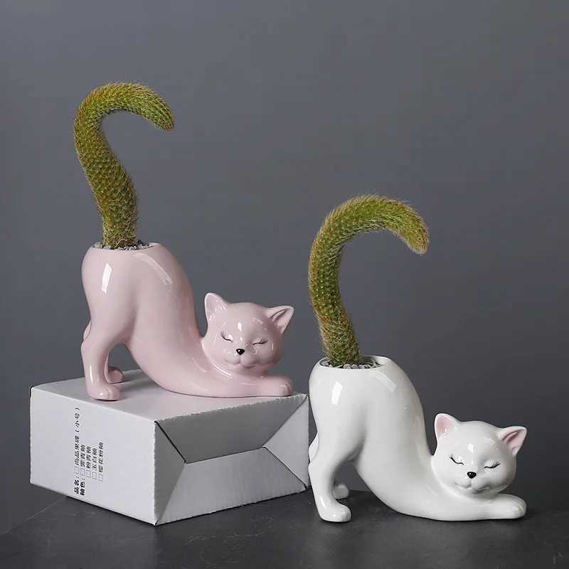 Cartoon Cat Flower Pot Vase Cute Cat Tail Succent Planting Pot Porcelain Flower Vase Flowerpot He Decoration Accessories Y251201