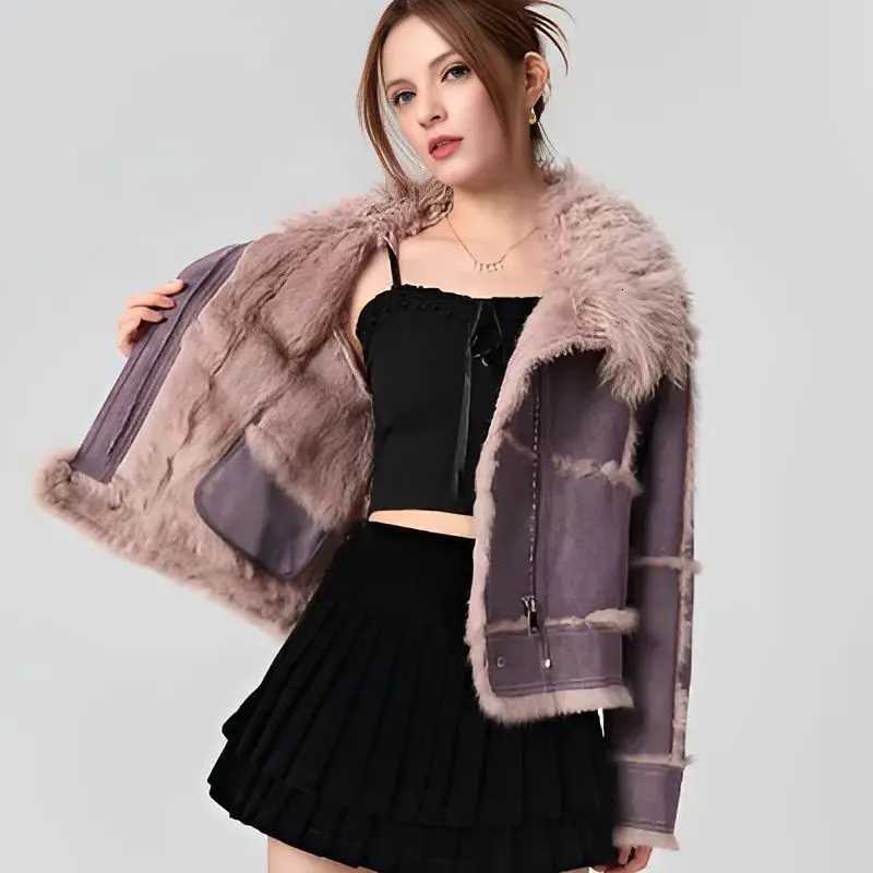 2024New Spring Women Retro Short Faux Leather Fur Coat Clothing Moto Biker Zipper Sheepskin Jacket Long Sleeved Turn Down CollarT251201