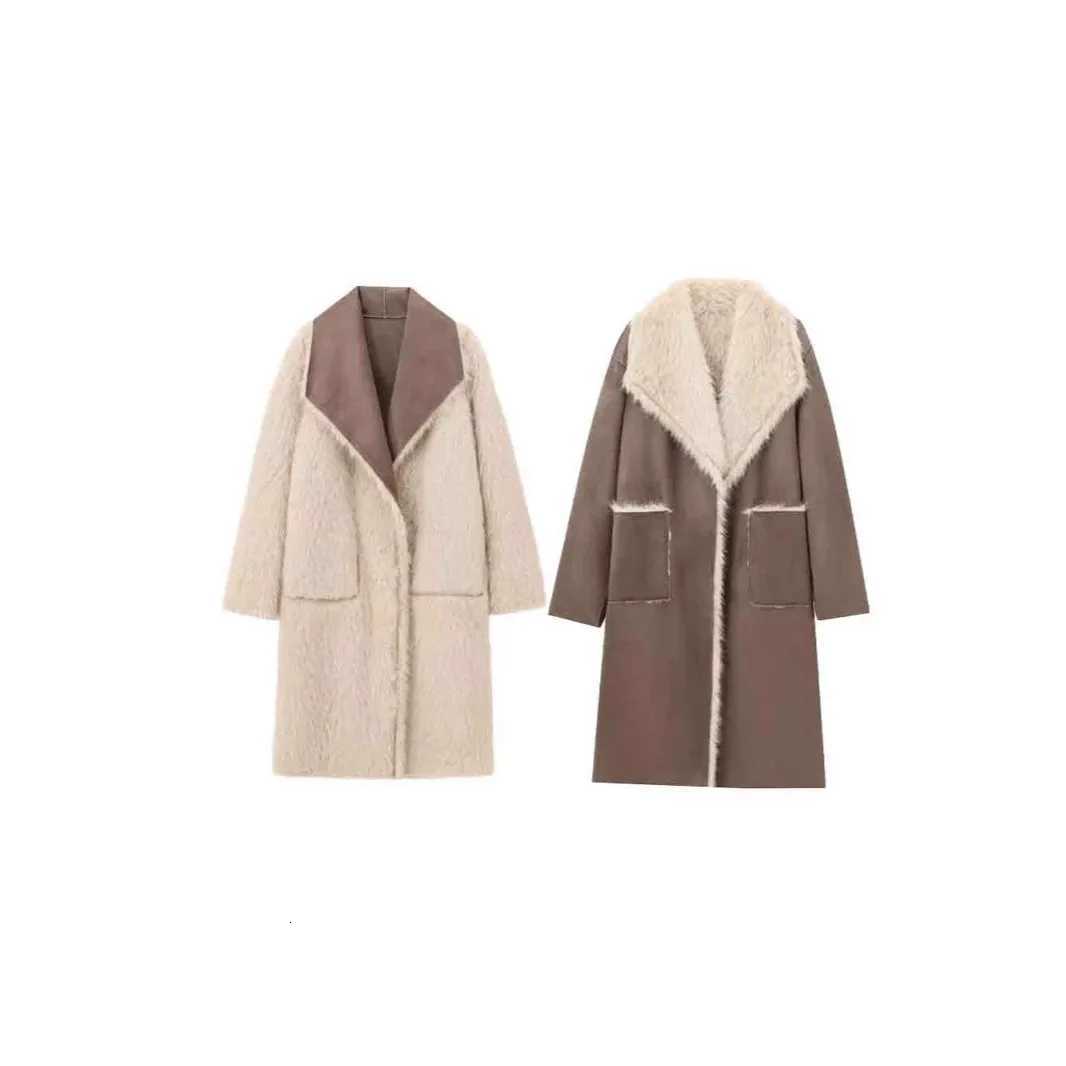 Vintage Fur Leather Long Jackets Women Casual Lapel Big Pockets Thicken Warm Coats Female 2024 Winter Chic Loose Outwears LadyT251201