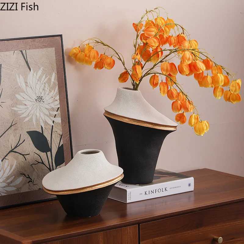 Black and White Color Blocking Ceramic Vase Gold-plated Plant Pot Table Decoration Flower Arrangement Vases Ro Aesthetic Decor Y251201