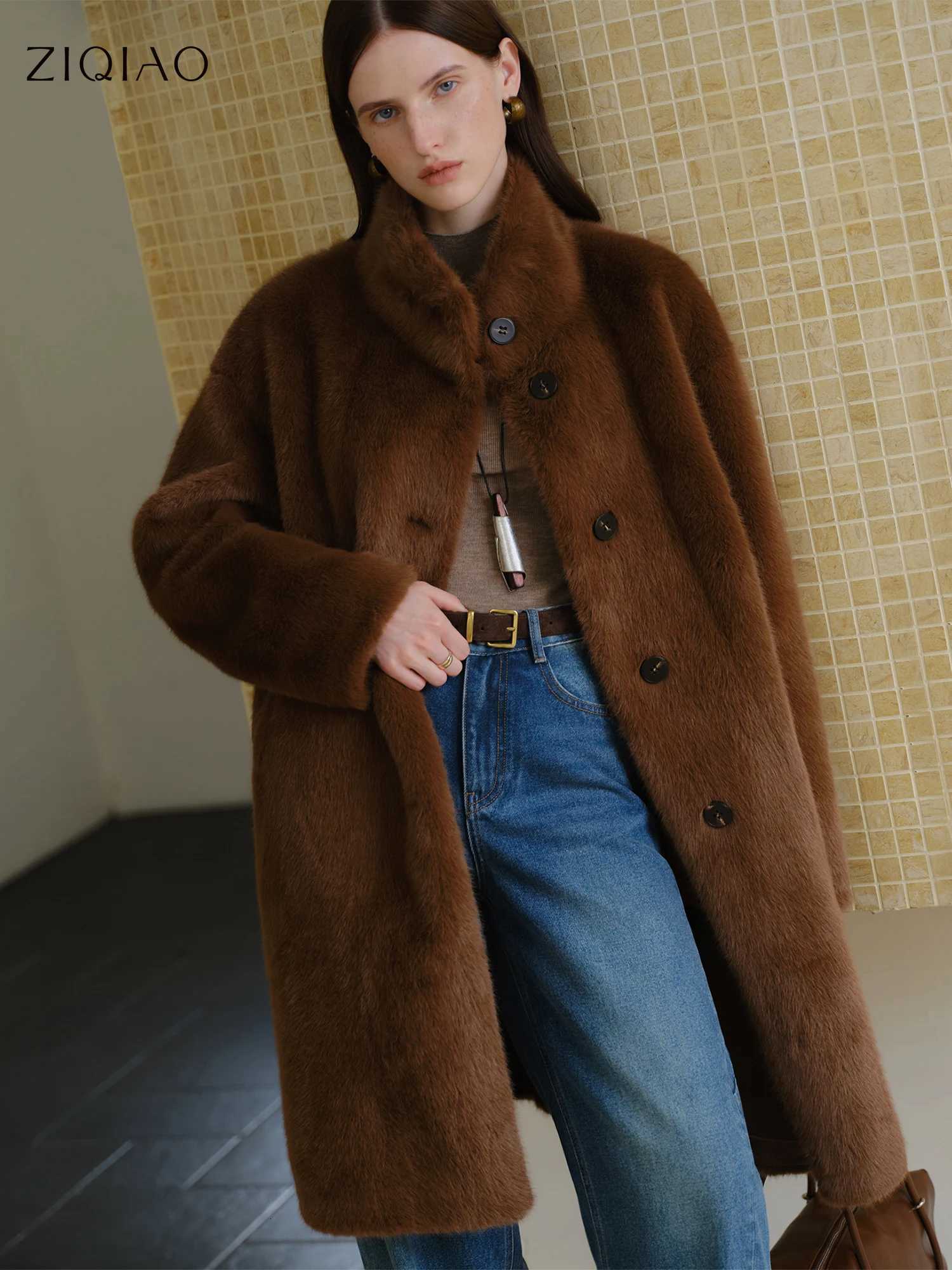 ZIQIAO Korean Style Stand-up Collar Faux Mink Coat for Women 2025 Winter New Style Faux Fur Warm Coat Soft Cozy StreetwearT251201