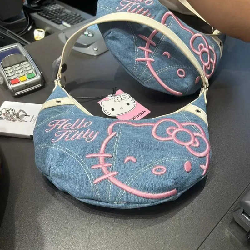 Sanrio Kawaii Hello Kitty Denim Embroidered Armpit Bag Fashion Crossbody Bag Female Cartoon Cute Portable Shoulder Bag Croissant Bag H251201 - view 6