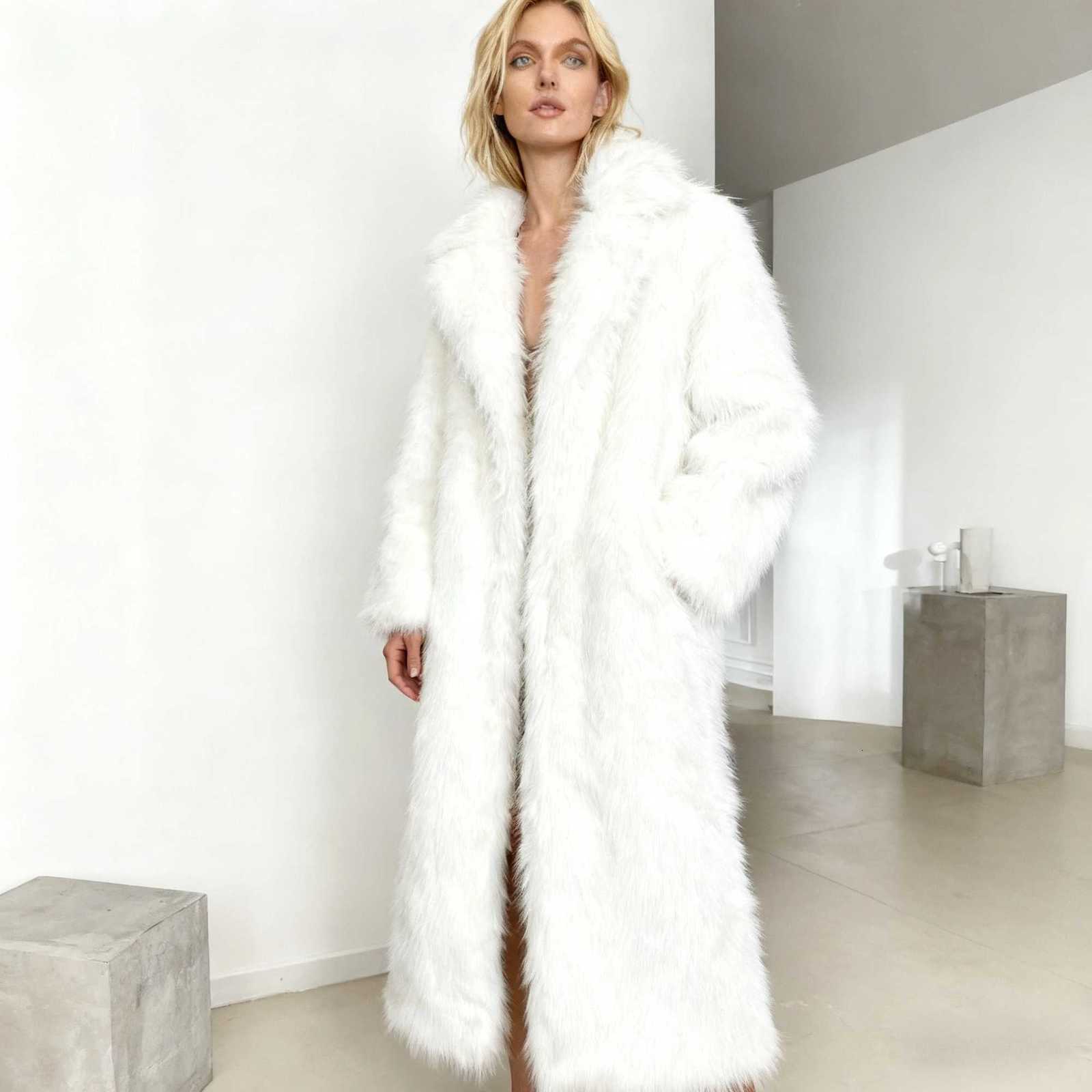 Maxi Women Faux Fur Coat White Jacket Autumn Winter Large Coats Overcoat Work Loose Long Thick Coat Warm Jackets Elegant CoatsT251201