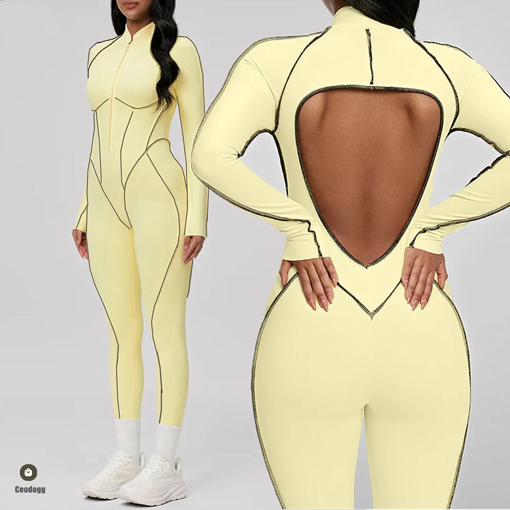 Pad Zipper Yoga Set Sports Fitness Hollow Back Skinny Women One-Piece Jumpsuits Workout Legging Clothing Gym Bodysuit XP83 251201