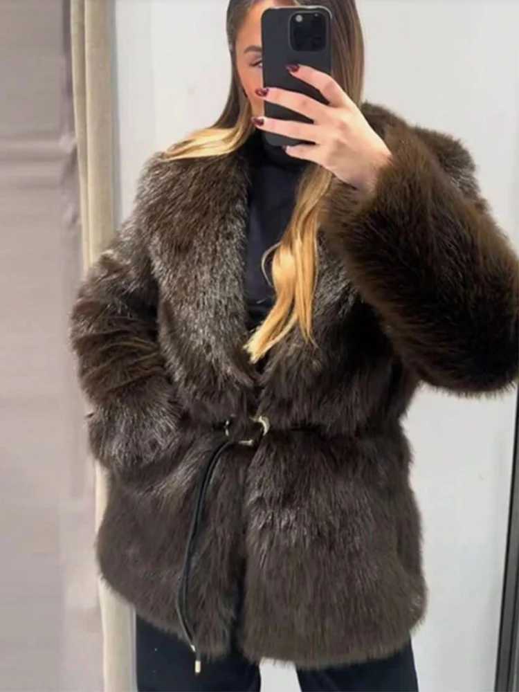 Womens Lapel Faux Fur Coat With Belt Winter Fashion Elegant Long Sleeve Thicken Warm Jackets Casual Female Street OuterwearT251201