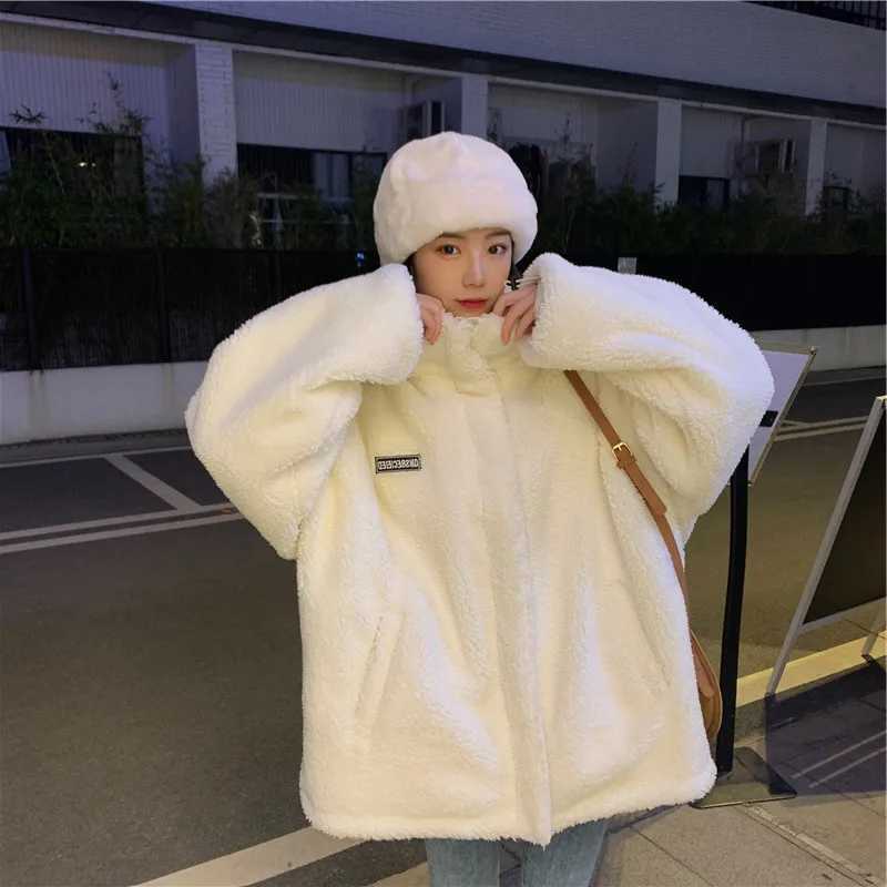 Women Winter Thicken Lamb Wool Coat Faux Fur Warm Stand Collar Outerwear Female Zipper Loose Jacket Full Sleeved SweatshirtsT251201