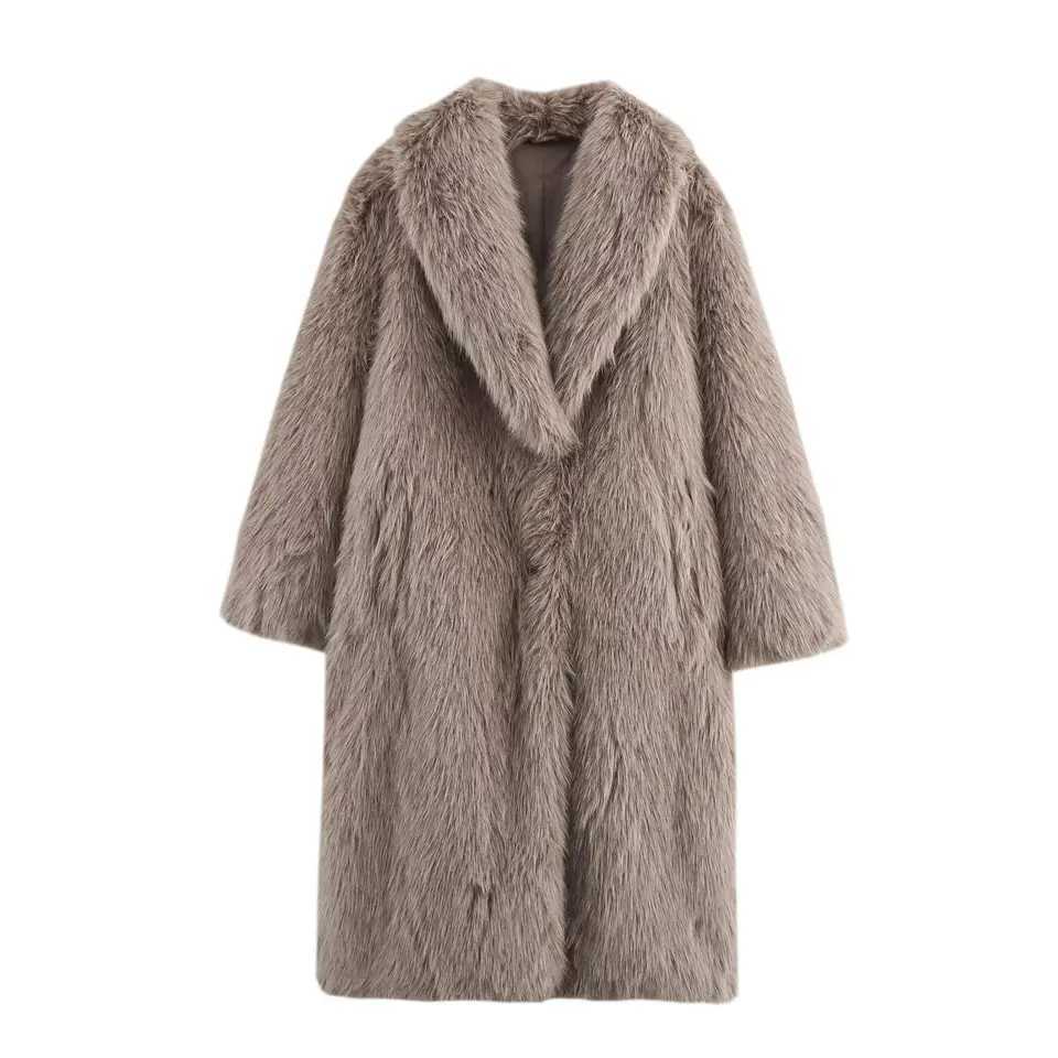 Womens Long Faux Fur Coat Female Long Sleeve Turn-Down Collar Hip Hop Style Elegant Street Fashion Autumn Winter Furry OuterweaT251201