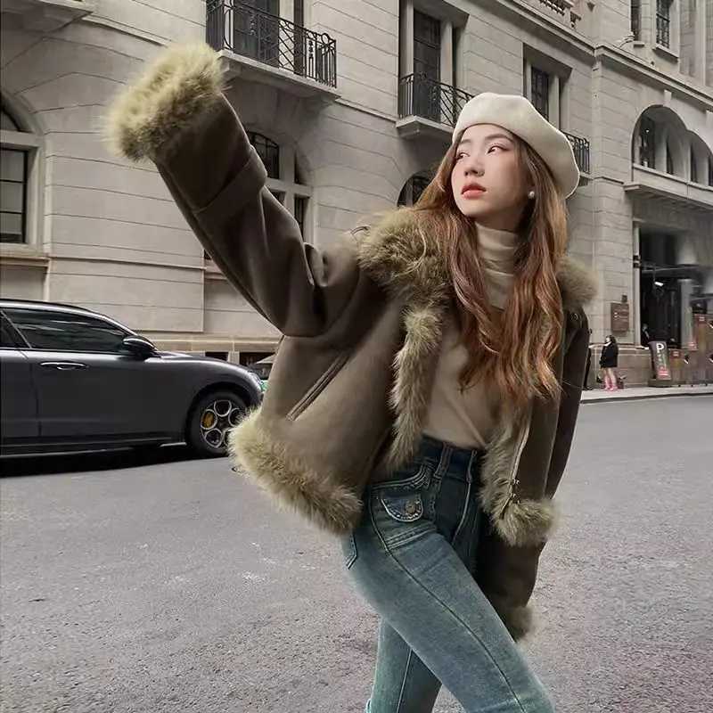 2025 Autumn and Winter New Fur Integrated Jacket Suede Short Motorcycle Suit Womens Slimming Korean Version Casual JacketT251201