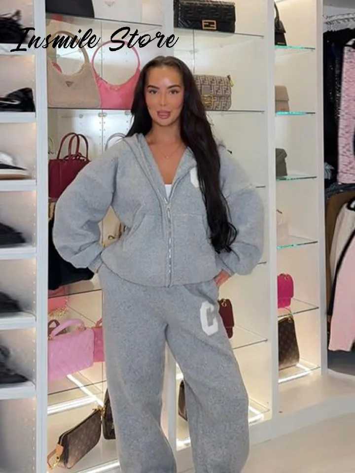 Casual Knit Hooded Tracksuit Set Women Loose Full Sve Zipper Pockets Jacket Wide Leg Pants 2025 Autumn Winter Lady Solid Suit W251201