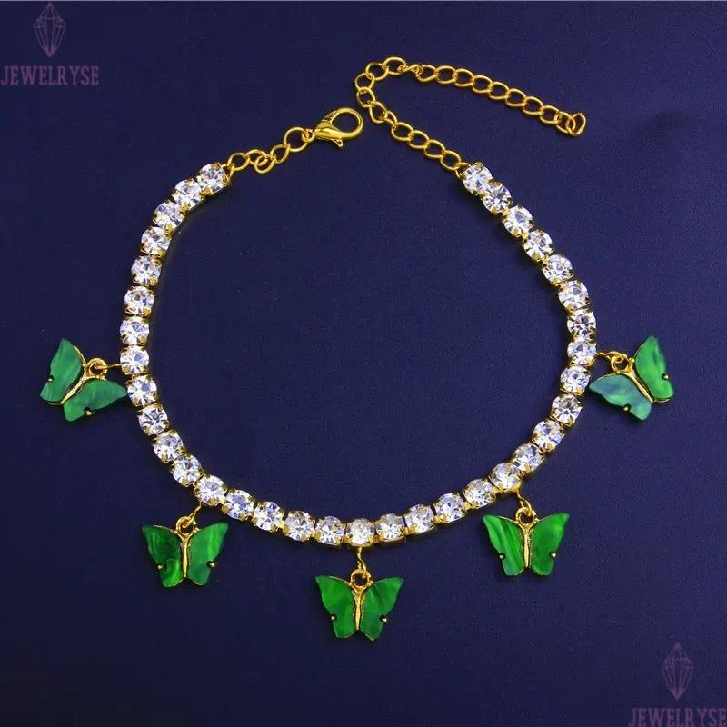 Acrylic Butterfly Women Anklets Iced Out Tennis Chain Leg Bracelet Rhinestone Silver Gold Animal Pendant Charms Fashion Beach Feet Jewelry