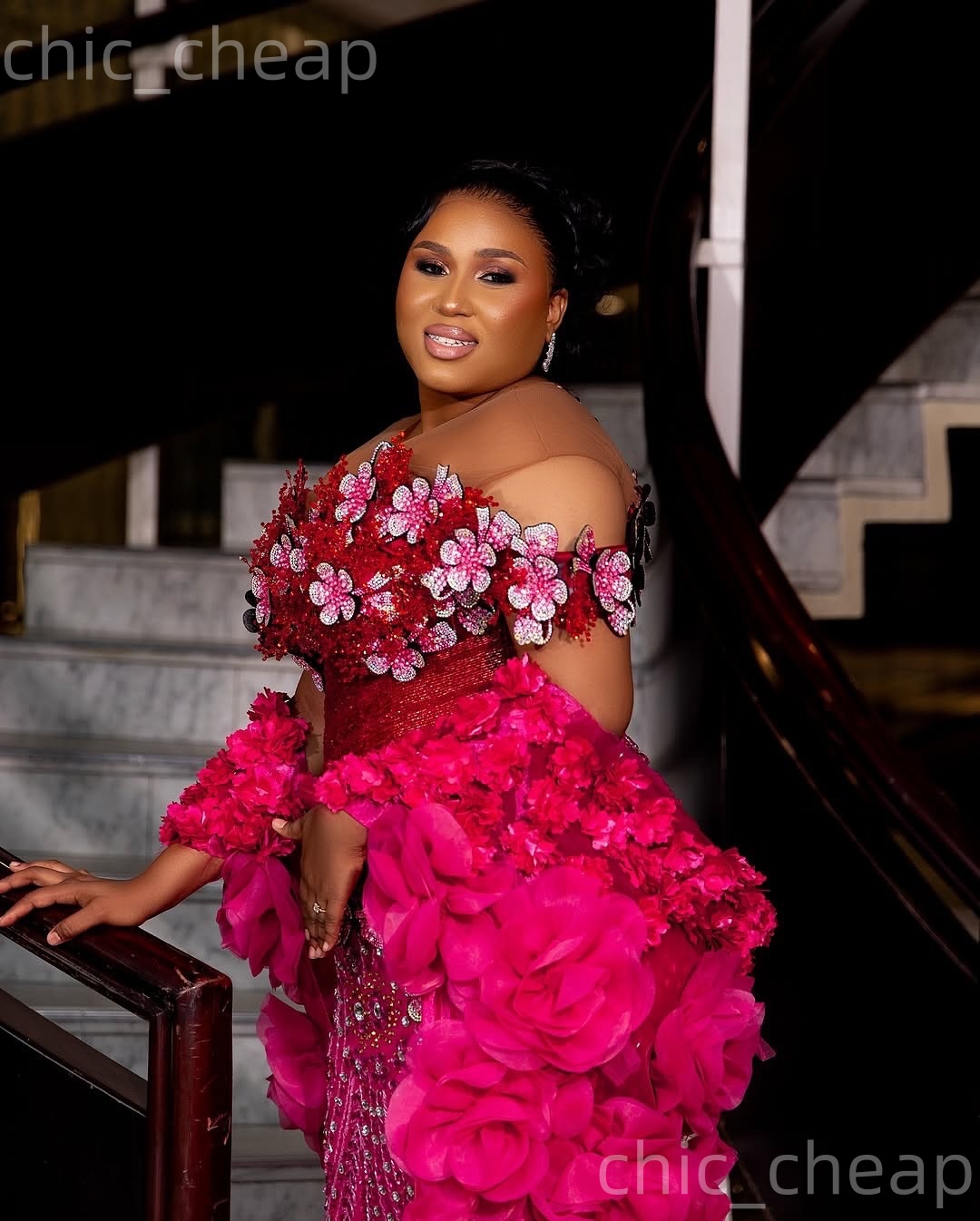 Aso Ebi Fuchsia Mermaid Prom Dresses 2026 Flowers Crystals With A Wrap Evening Formal Party Second Birthday Engagement Gowns Plus Size Dress For Speci