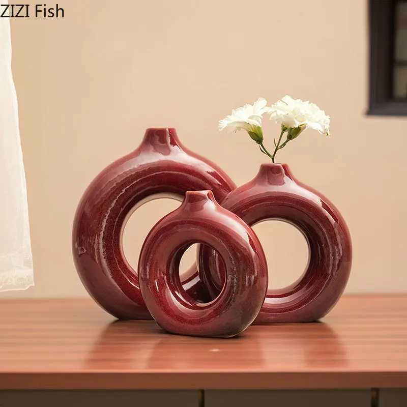 Shining Deep Red Porcelain Vase Plant Pots Table Decoration Ornaments Flower Arrangement Round Ceramic Vase Ro Aesthetic Decor Y251201