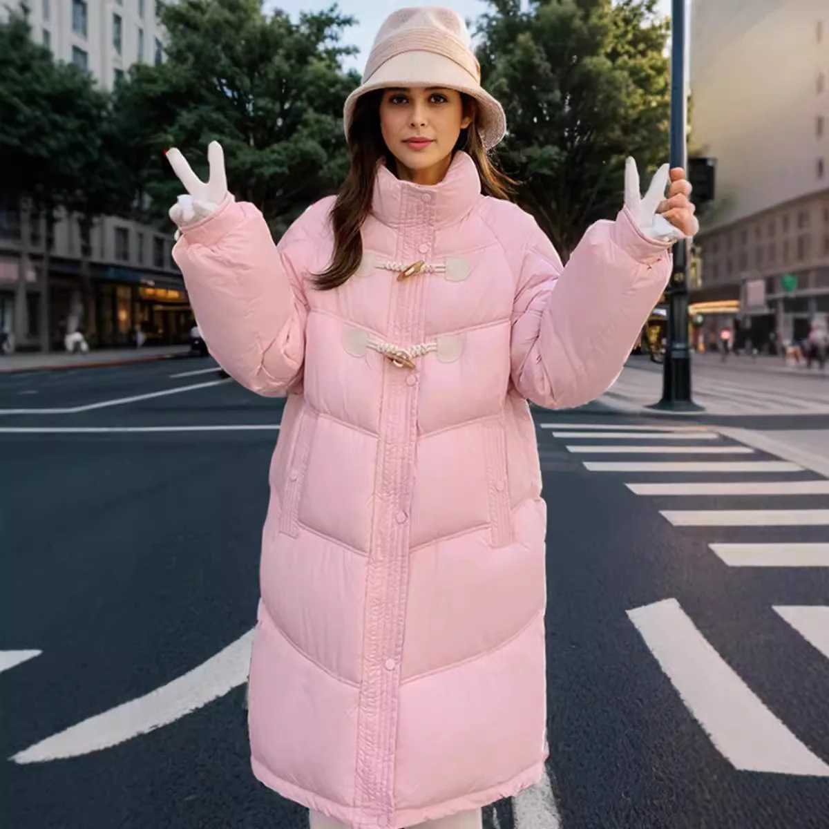 2025 Winter Womens Long Jacket Female Hooded Casual Thicken Warm Parkas Coats Horn Button High Collar Cotton Jacket For LadyT251201