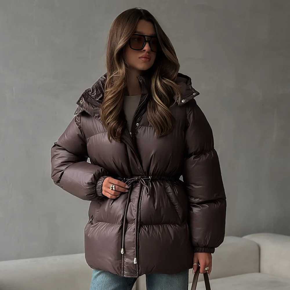 Womens Hooded Down Jacket Drawstring Waist Warm Parker Coat Solid Pocket Zipper Outwear 2025 Winter Thicken Long Sleeves CoatsT251201