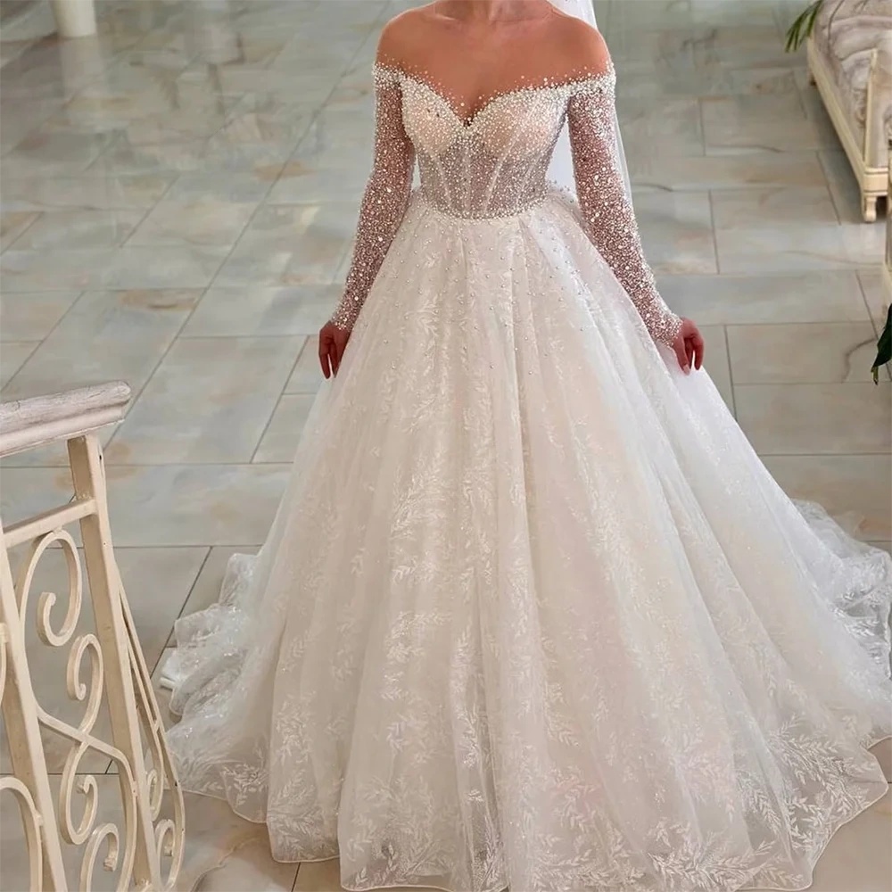 Fashion O Neck Wedding Dresses Pearls Sequins Bridal Gowns A Line Long Sleeves Appliques Princess Sweep Train Customized Vestidos De Novia Plus Size