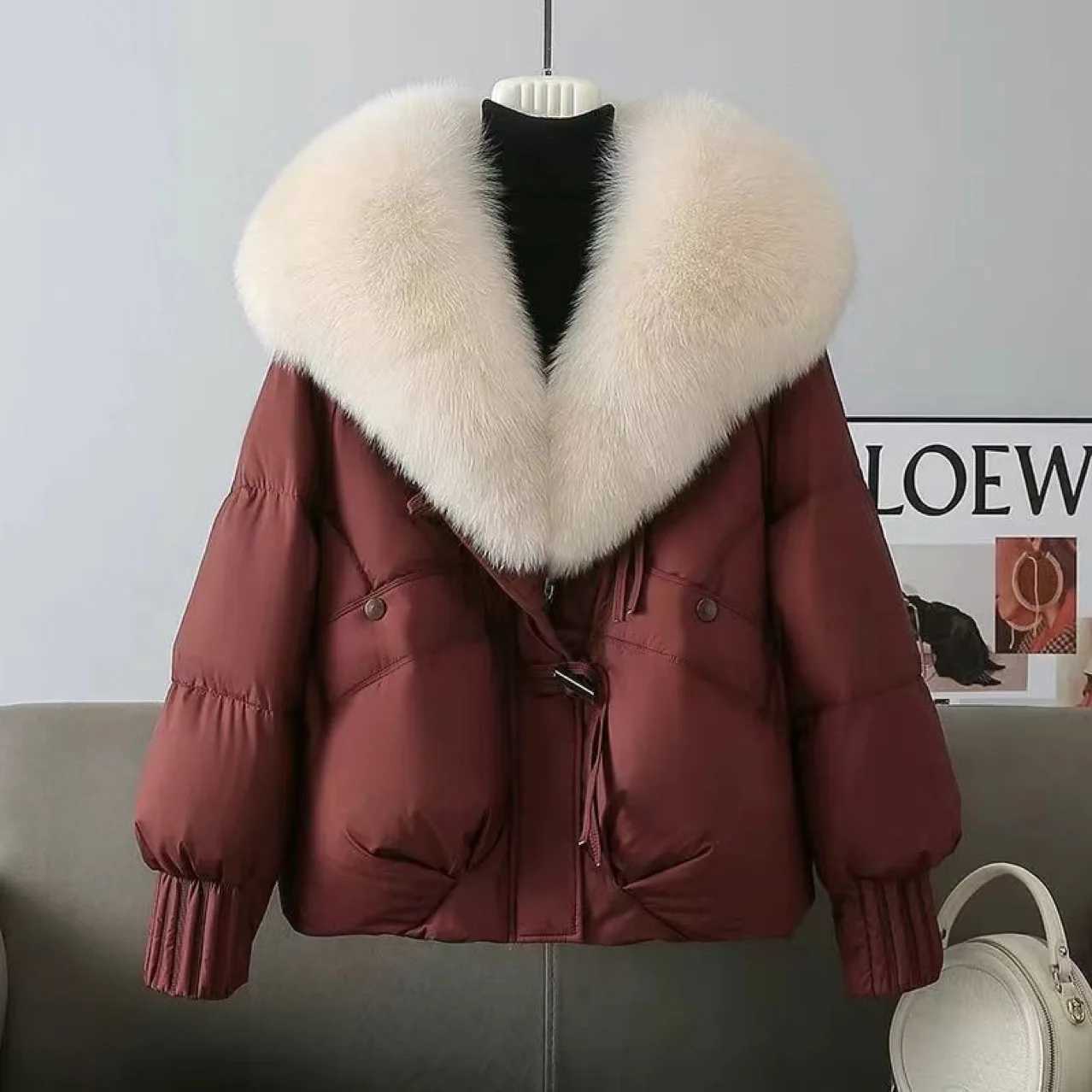 Winter Womens Cotton-Padded Jacket Large Fur Collar Thickened Short Warm Coat down Filled Anti-Fur for Short PeopleT251201