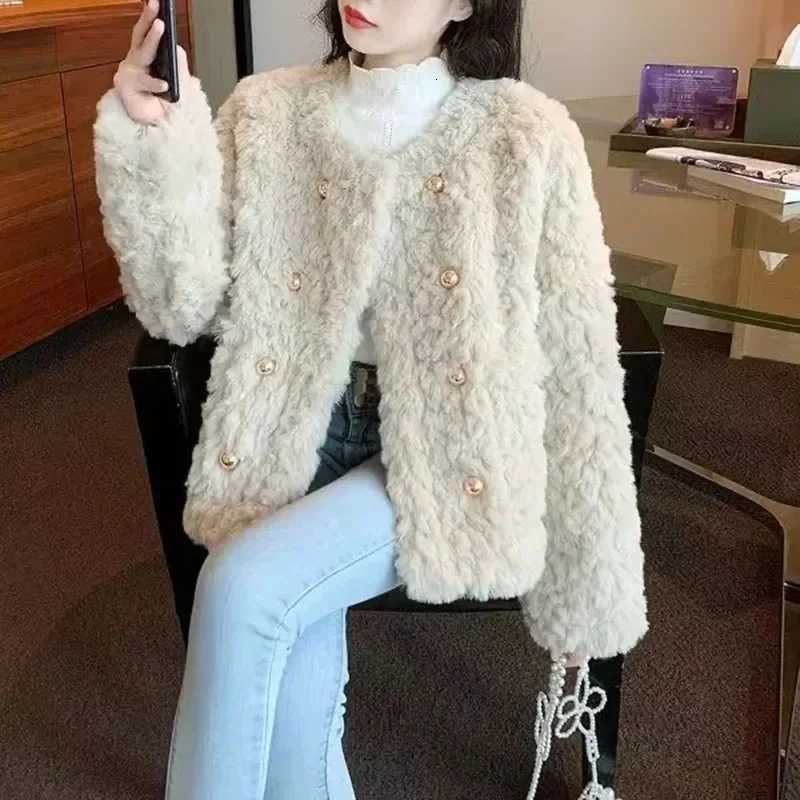 Smvp 2024 AutumnWinter New Korean Fashion Double-breasted Faux Fur Outwear Ladies Womens Lamb Cashmere Thicken Warm Plush CoatT251201