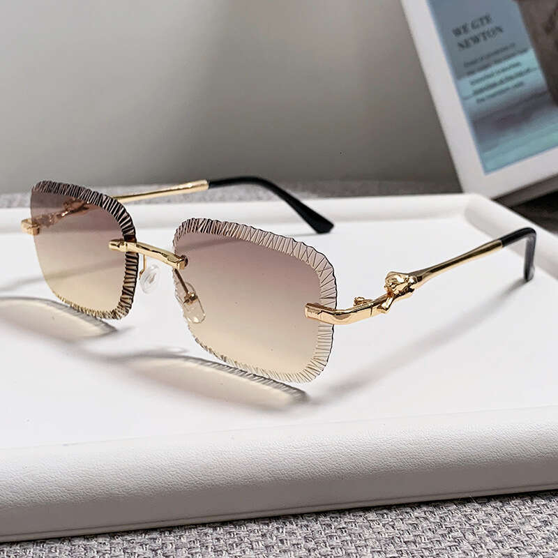 Cross-Border New Designer Sawtooth Frameless European and American Ins Fashion Leopard Head Metal Sunglasses