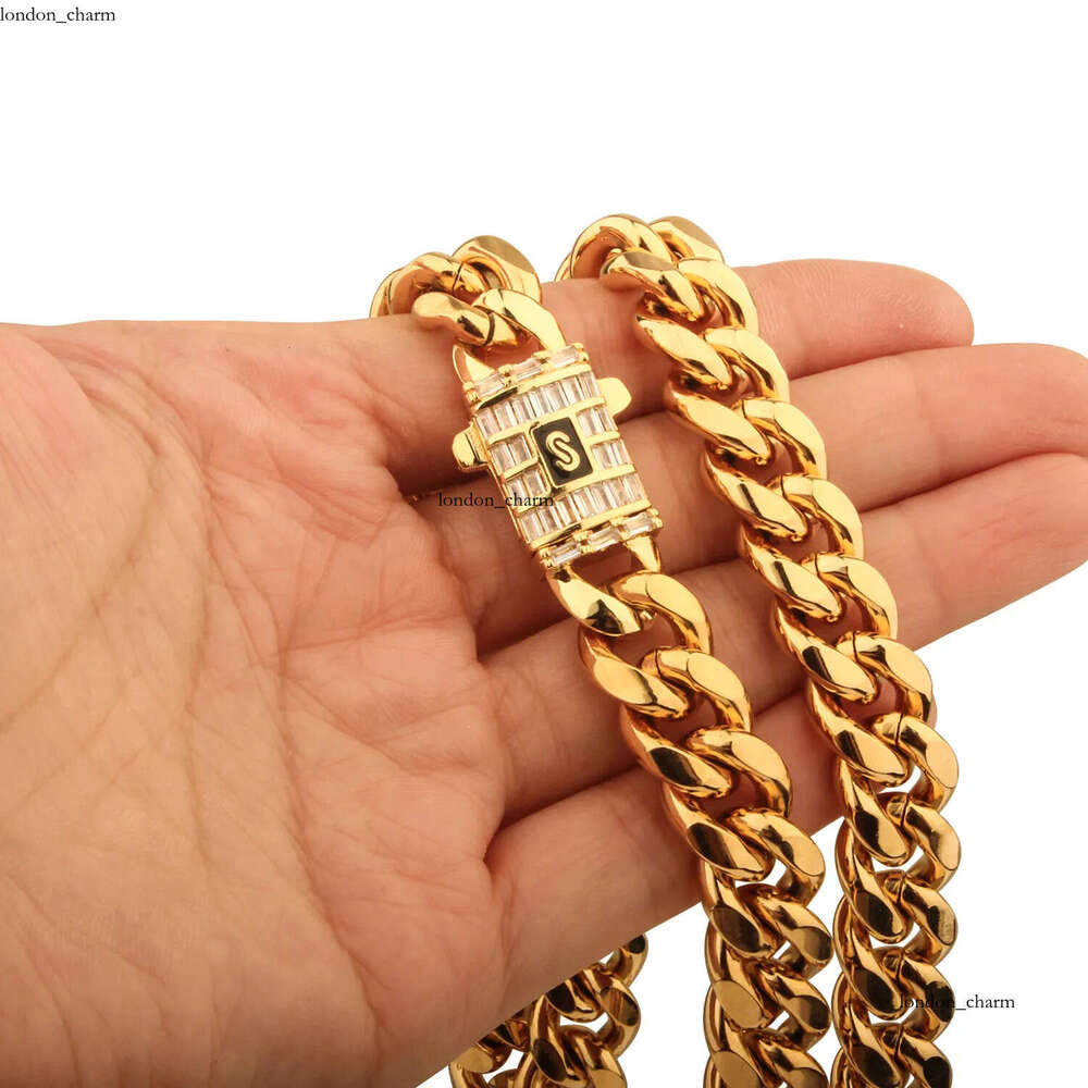 6mm-14mm Hip Hop Stainless Steel Miami Cuban Link Chain 18K Real Gold Plated T Zircon Clasp Mens Necklace Jewelry